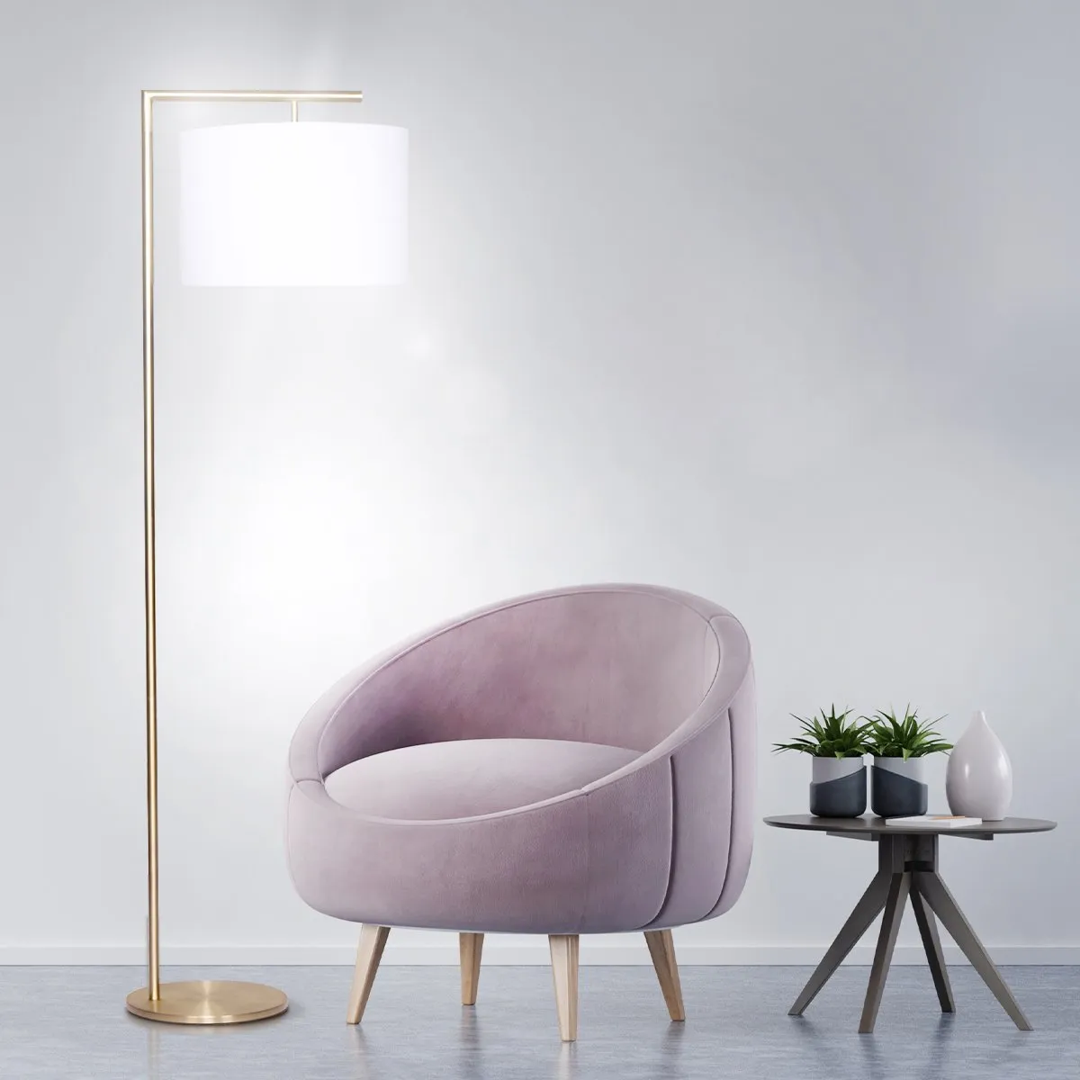 Brass Arc Floor Lamp with Drum Shade & Foot Switch