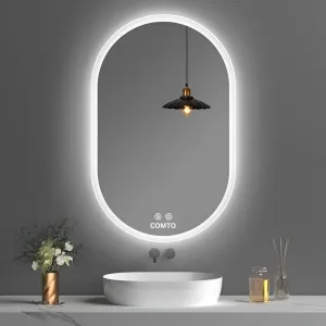 COMTO Mirror Oval LED Wall-Mounted Bathroom Vanity Mirror with Backlit LED Light, Dimmable, Anti-Fog, with 3 Color Makeup Mirror White, Warm White, Natural White (24X40IN) (60X101) CM