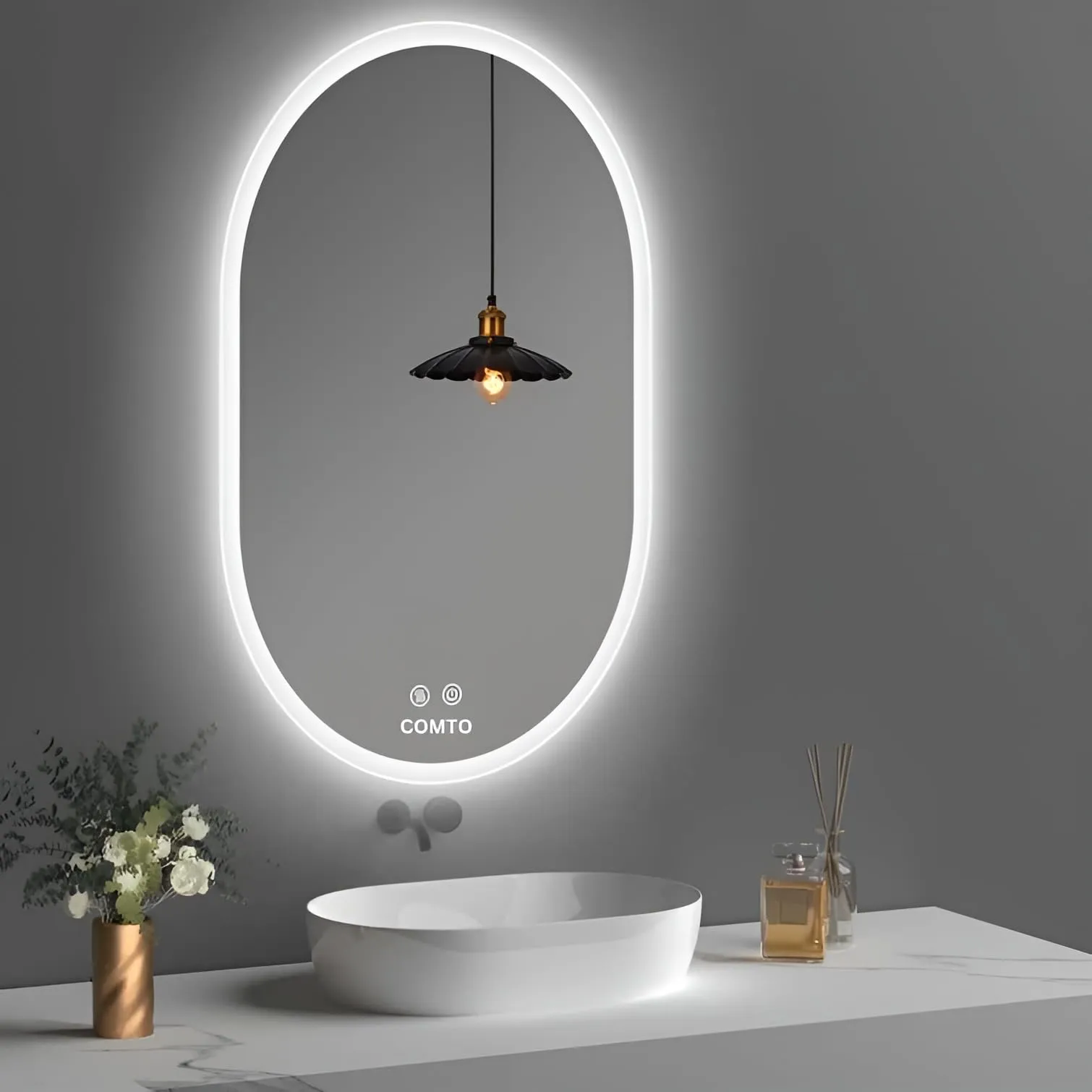 COMTO Mirror Oval LED Wall-Mounted Bathroom Vanity Mirror with Backlit LED Light, Dimmable, Anti-Fog, with 3 Color Makeup Mirror White, Warm White, Natural White (24X40IN) (60X101) CM