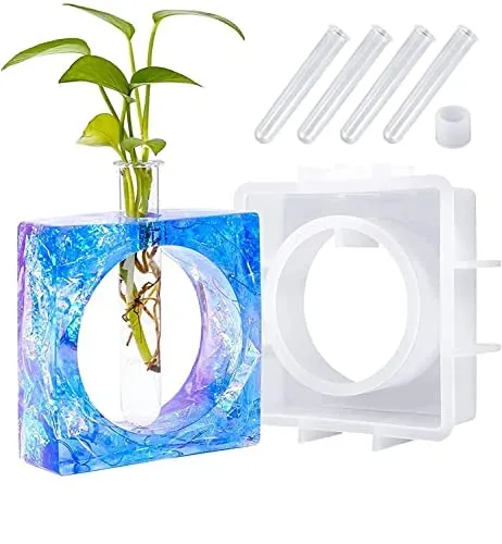 Eoast Silicone Resin Planter Propagation Vase Casting Mould with 1 Test Tubes for Hydroponic/Flowers (Square Shape)