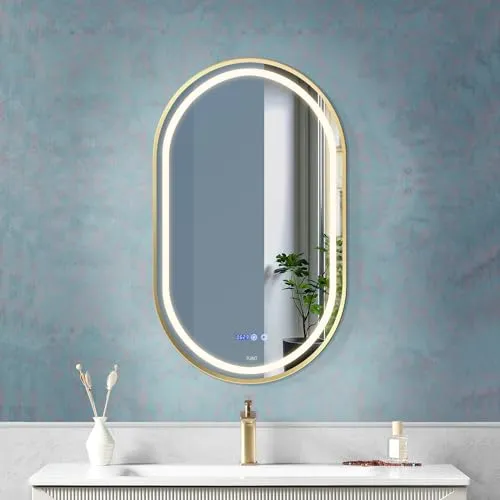 Fuao Premium HD Smart Mirror for Walls with Anti-Fog Function, Time-Temperature Display and Adjustable Brightness 3-Tone LED Lighting| 100% Silver Coating, Anodized Aluminium Frame Gold-45 * 60CM