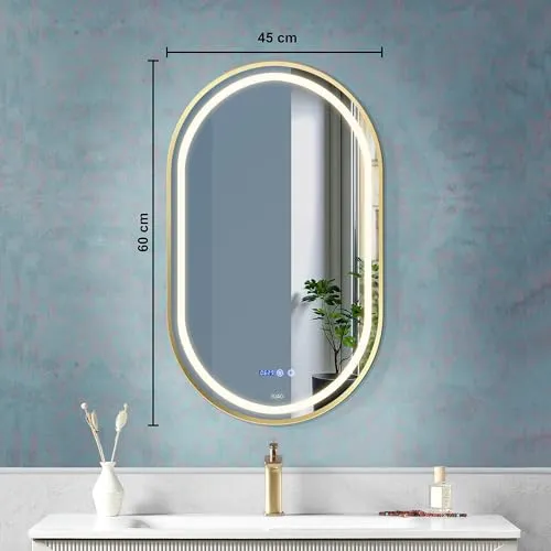 Fuao Premium HD Smart Mirror for Walls with Anti-Fog Function, Time-Temperature Display and Adjustable Brightness 3-Tone LED Lighting| 100% Silver Coating, Anodized Aluminium Frame Gold-45 * 60CM