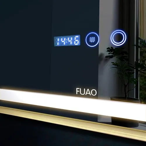 Fuao Premium HD Smart Mirror for Walls with Anti-Fog Function, Time-Temperature Display and Adjustable Brightness 3-Tone LED Lighting| 100% Silver Coating, Anodized Aluminium Frame Gold-45 * 60CM