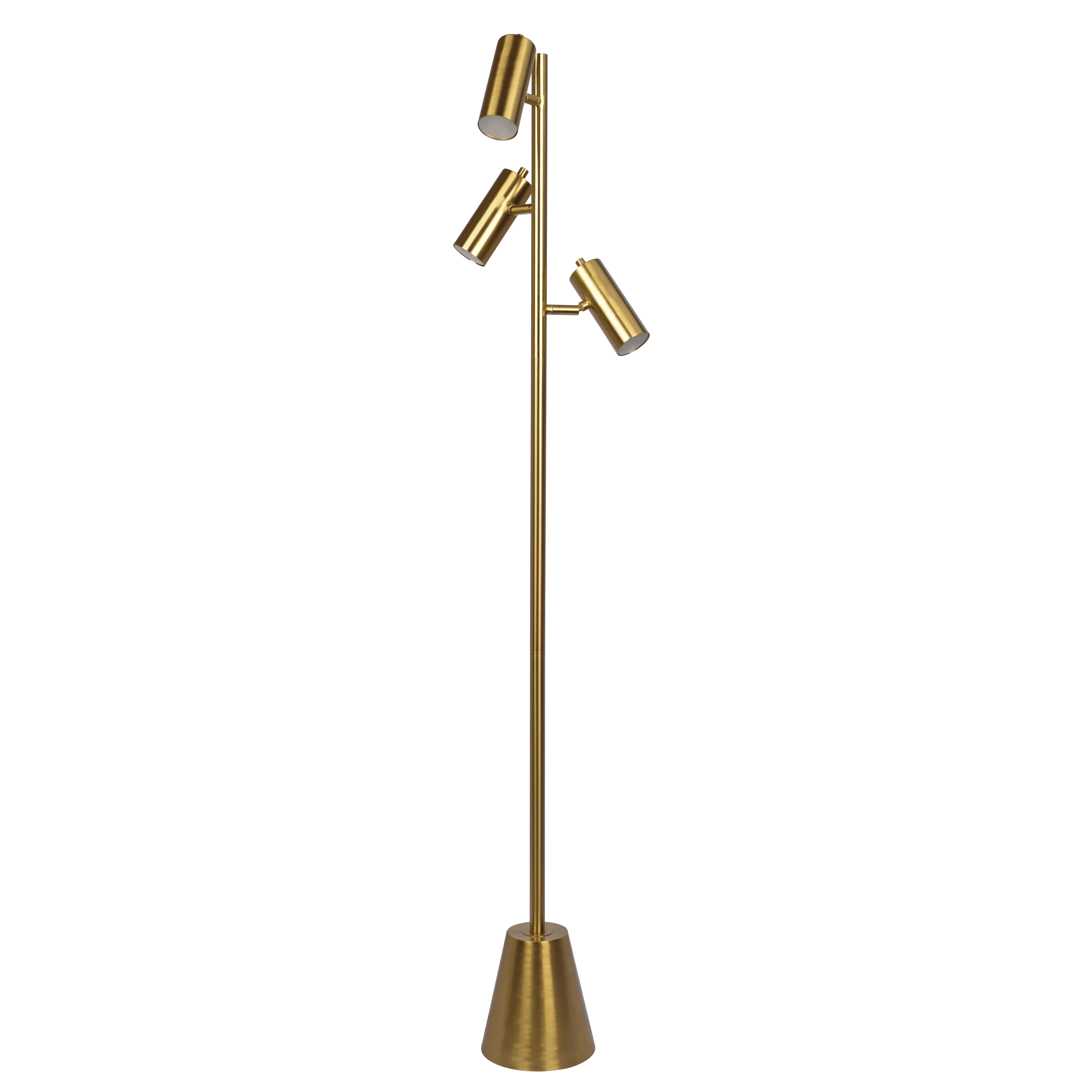 Lumina Brassed Gold Floor Lamp with Rotary Switch Triple Spots Metal Cone Base