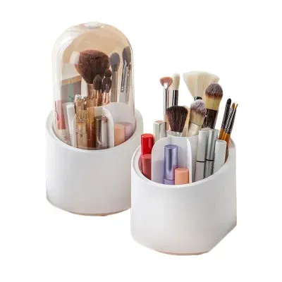 Makeup Brush Holder, 360 Rotating Makeup Organizer with Clear Cover Cosmetics Storage Display Case, with 7 Compartments