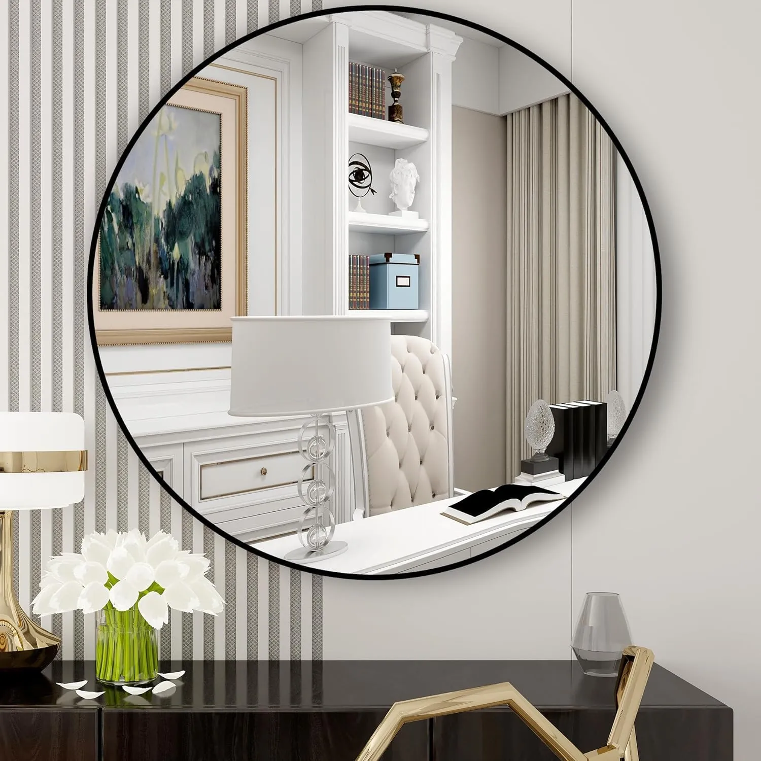 Moradabad Enterprises Round Wall Mirror I Metal Frame I Modern Design Metal Frame I Bathroom Wash Basin, Bedroom, Drawing Room (24 Inches)