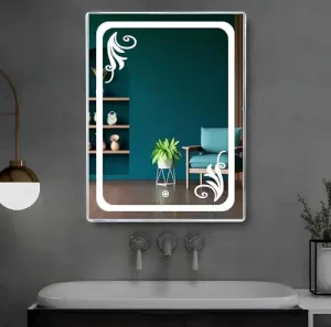 SANIF® Leaf Rectangle Wall Mounted Led Light Mirror for Bathroom (24 x 18 Inch_03, Triple Light, Framed) || Bedroom, Wash Basin