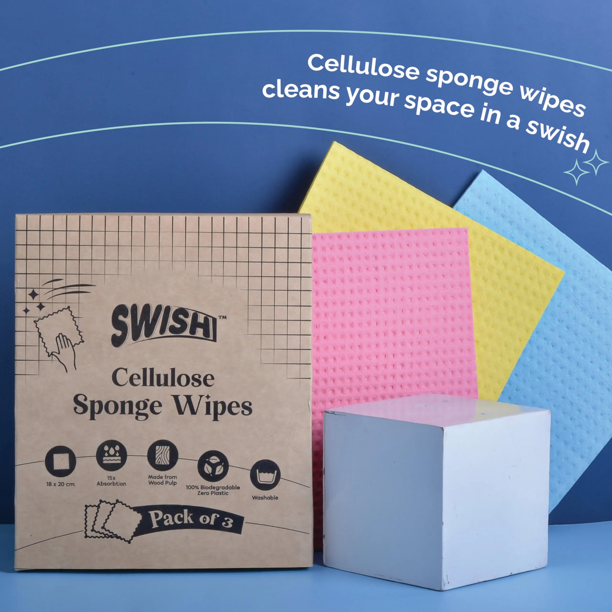 Swish Natural Cellulose Reusable Sponge Wipes for Kitchen, Pack of 3, 13X Absorbent | Multipurpose | Biodegradable