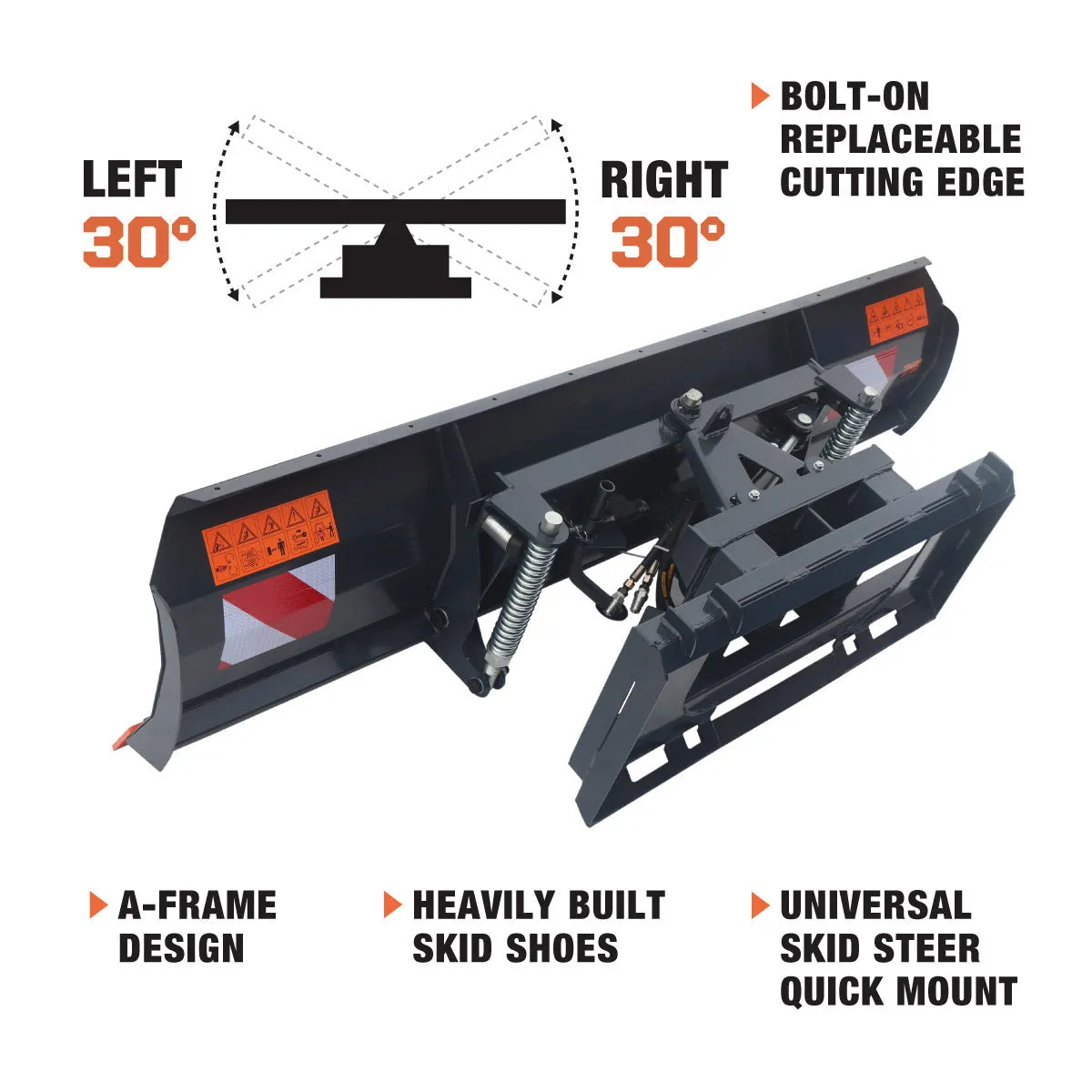 TMG Industrial 94” Skid Steer Dozer Blade/Snow Plow Pusher, 30° Left & Right, Bolt-On Cutting Edge, Adjustable Skid Shoes, Universal Quick Mount, TMG-DB94