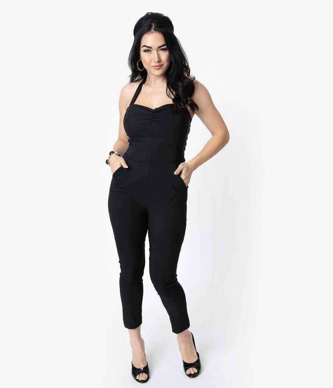 Unique Vintage 1950s Style Black Halter Marcel Cropped Jumpsuit