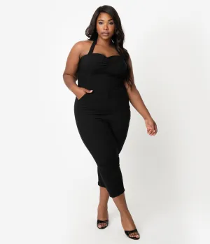 Unique Vintage Plus Size 1950s Style Black Halter Marcel Cropped Jumpsuit