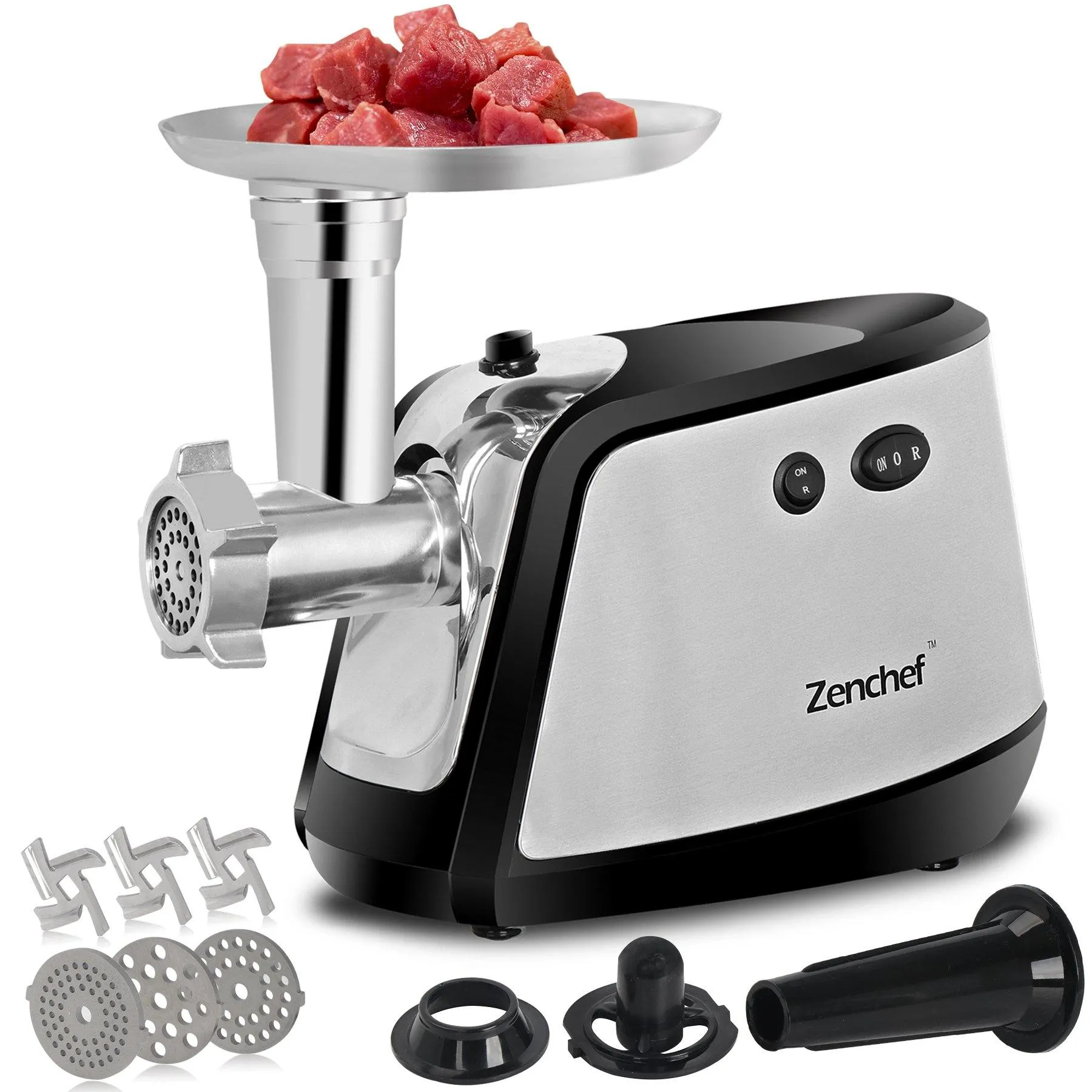 ZENY™ Electric Meat Grinder - Stainless Steel Meat Mincer with 3 Grinding Plates and Sausage Stuffing Tubes for Home & Commercial Use - 1000W Max