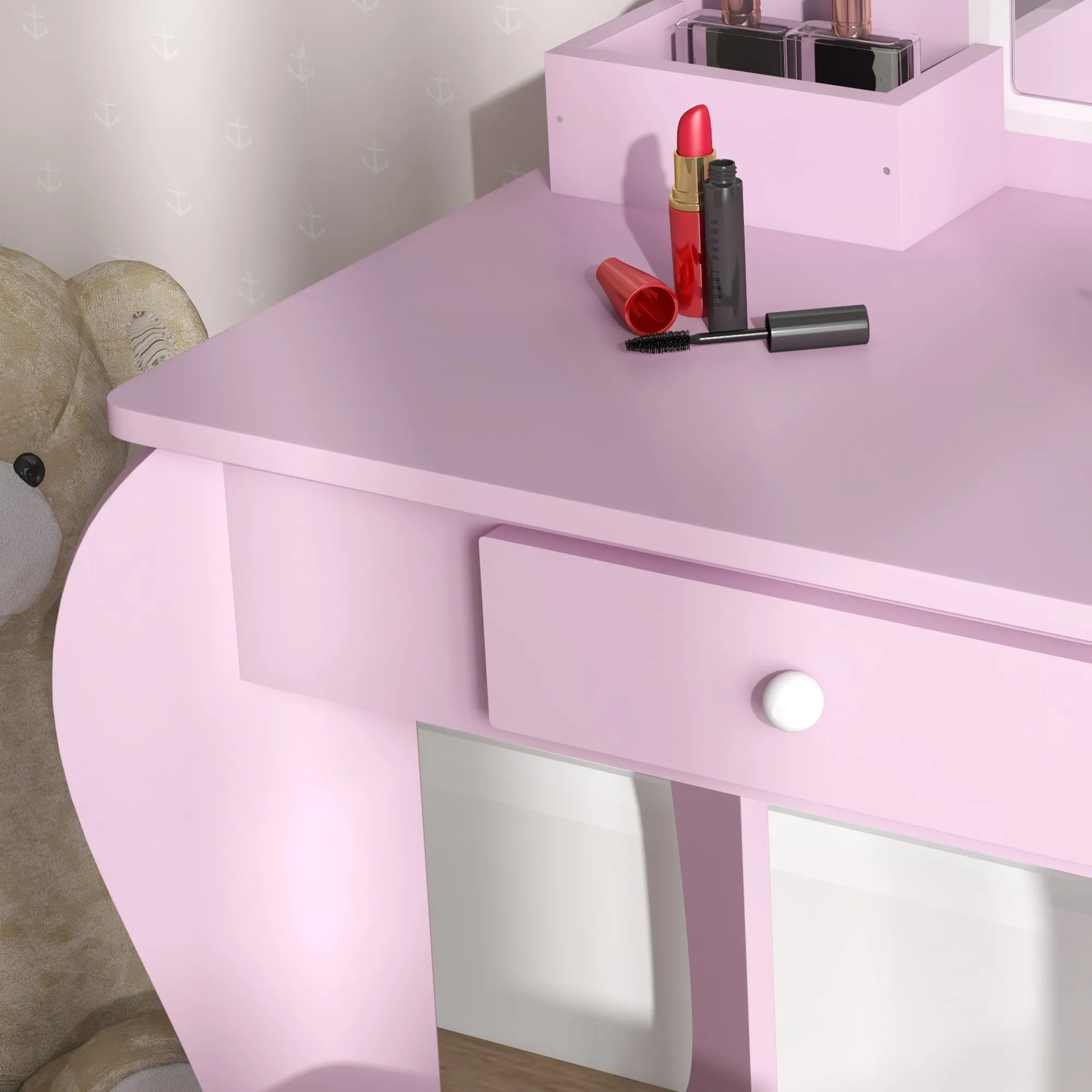 ZONEKIZ Kids Vanity Table with Mirror and Stool, Cloud Design, Drawer, Storage Boxes, for 3-6 Years Old - Pink