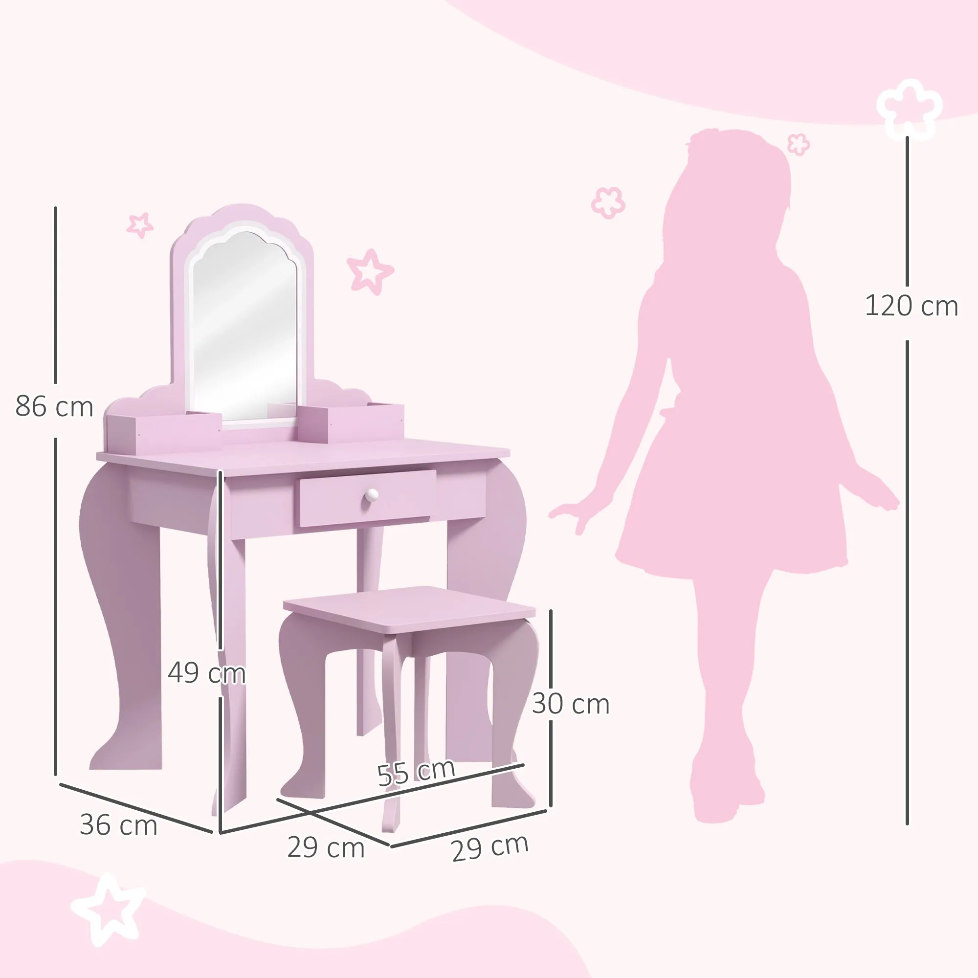 ZONEKIZ Kids Vanity Table with Mirror and Stool, Cloud Design, Drawer, Storage Boxes, for 3-6 Years Old - Pink